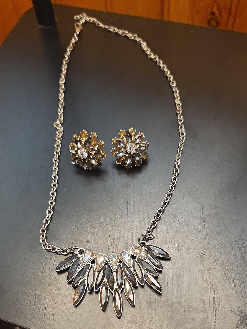 Silver Crystal Statement Necklace with Gold Floral Clip-On Earrings